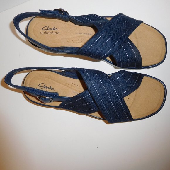 Clarks Women’s Collection Clara Cove Navy Marine Wedge Sandals—Size 12M NWT - Picture 1 of 8